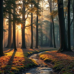 A serene landscape depicting a tranquil forest at sunrise, with tall, ancient trees covered in dew