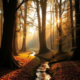 A serene landscape depicting a tranquil forest at sunrise, with tall, ancient trees covered in dew