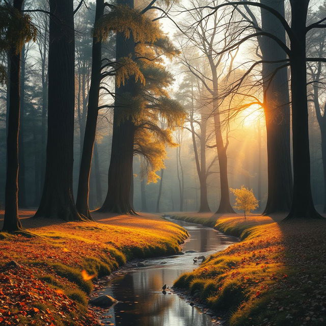 A serene landscape depicting a tranquil forest at sunrise, with tall, ancient trees covered in dew