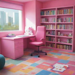 Pixelated Hello Kitty in a detailed study room, featuring a desk with books and a comfy chair, all rendered in vibrant colors