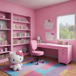 Pixelated Hello Kitty in a detailed study room, featuring a desk with books and a comfy chair, all rendered in vibrant colors