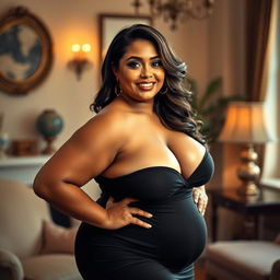 A confident, curvy woman posing in an artistic and elegant manner, showcasing her full figure with an emphasis on body positivity