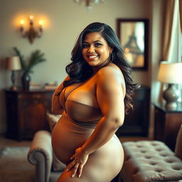 A confident, curvy woman posing in an artistic and elegant manner, showcasing her full figure with an emphasis on body positivity