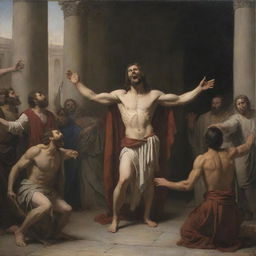 Artwork in the style of Carl Bloch, depicting a furious Christ in the middle of the scene, raising a whip as he expels the merchants selling fabrics and doves from the Temple, using chiaroscuro tones