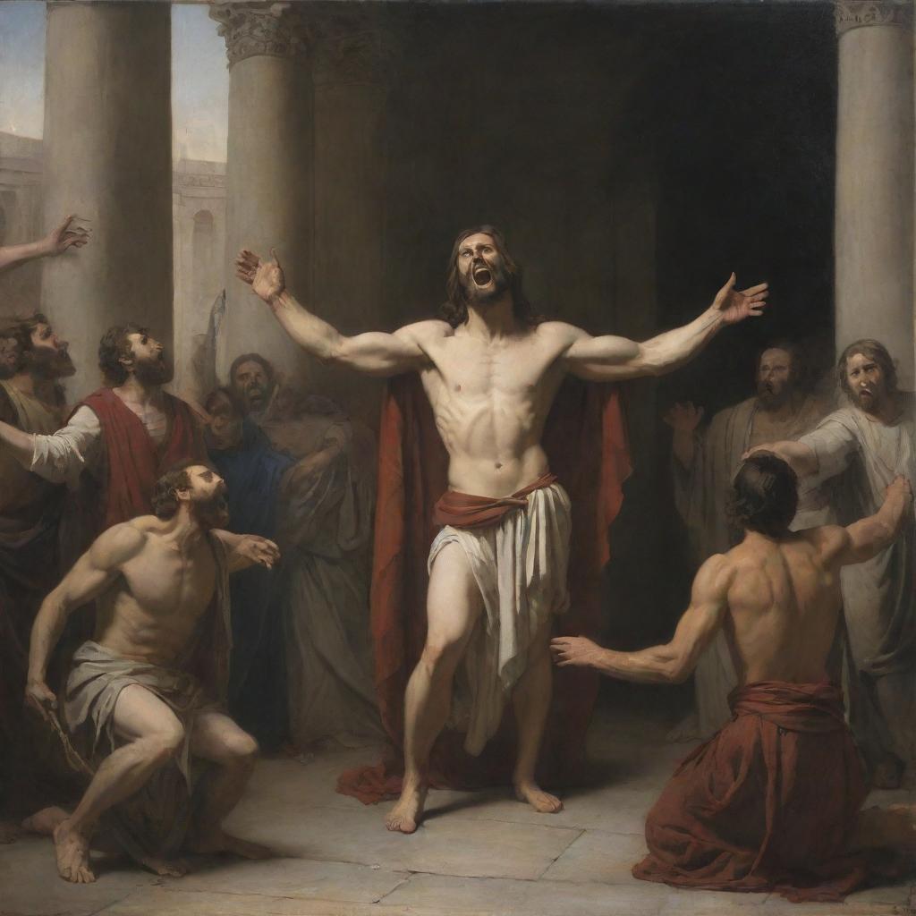 Artwork in the style of Carl Bloch, depicting a furious Christ in the middle of the scene, raising a whip as he expels the merchants selling fabrics and doves from the Temple, using chiaroscuro tones