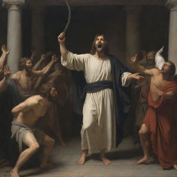 Artwork in the style of Carl Bloch, depicting a furious Christ in the middle of the scene, raising a whip as he expels the merchants selling fabrics and doves from the Temple, using chiaroscuro tones