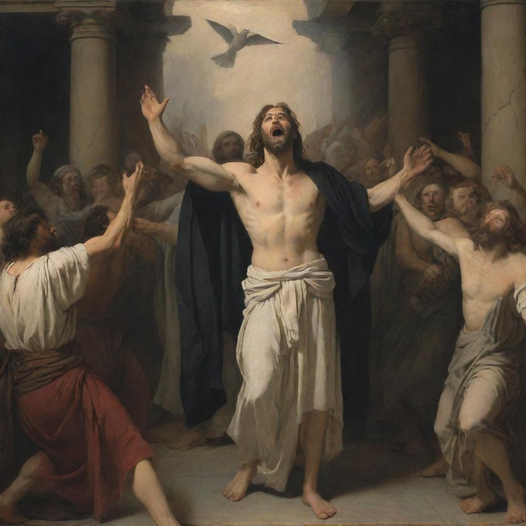 Artwork in the style of Carl Bloch, depicting a furious Christ in the middle of the scene, raising a whip as he expels the merchants selling fabrics and doves from the Temple, using chiaroscuro tones