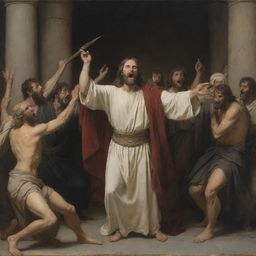 Artwork in the style of Carl Bloch, depicting a furious Christ in the middle of the scene, raising a whip as he expels the merchants selling fabrics and doves from the Temple, using chiaroscuro tones