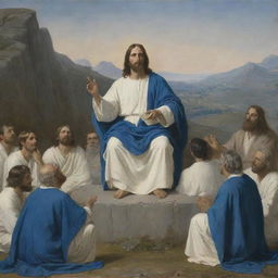 Carl Bloch-style depiction of Christ in blue and white robes, seated while delivering the Sermon on the Mount, with his multitude paying keen attention