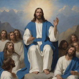 Carl Bloch-style depiction of Christ in blue and white robes, seated while delivering the Sermon on the Mount, with his multitude paying keen attention