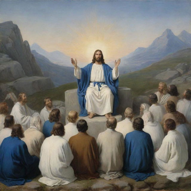 Carl Bloch-style depiction of Christ in blue and white robes, seated while delivering the Sermon on the Mount, with his multitude paying keen attention