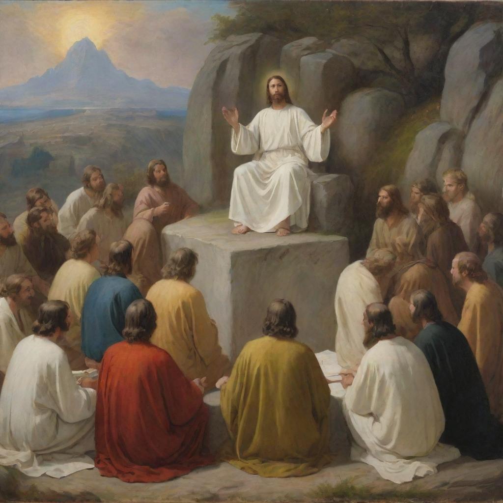 An oil painting in the style of Carl Bloch, depicting Christ sitting and teaching during the Sermon on the Mount