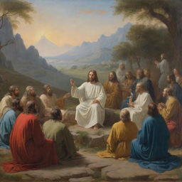 An oil painting in the style of Carl Bloch, depicting Christ sitting and teaching during the Sermon on the Mount