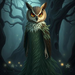 An intriguing and artistic image of a character with the head of an owl and the body of a woman, standing in a mystical forest