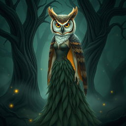 An intriguing and artistic image of a character with the head of an owl and the body of a woman, standing in a mystical forest