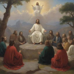 An oil painting in the style of Carl Bloch, depicting Christ sitting and teaching during the Sermon on the Mount