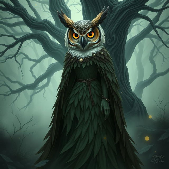 An intriguing and artistic image of a character with the head of an owl and the body of a woman, standing in a mystical forest