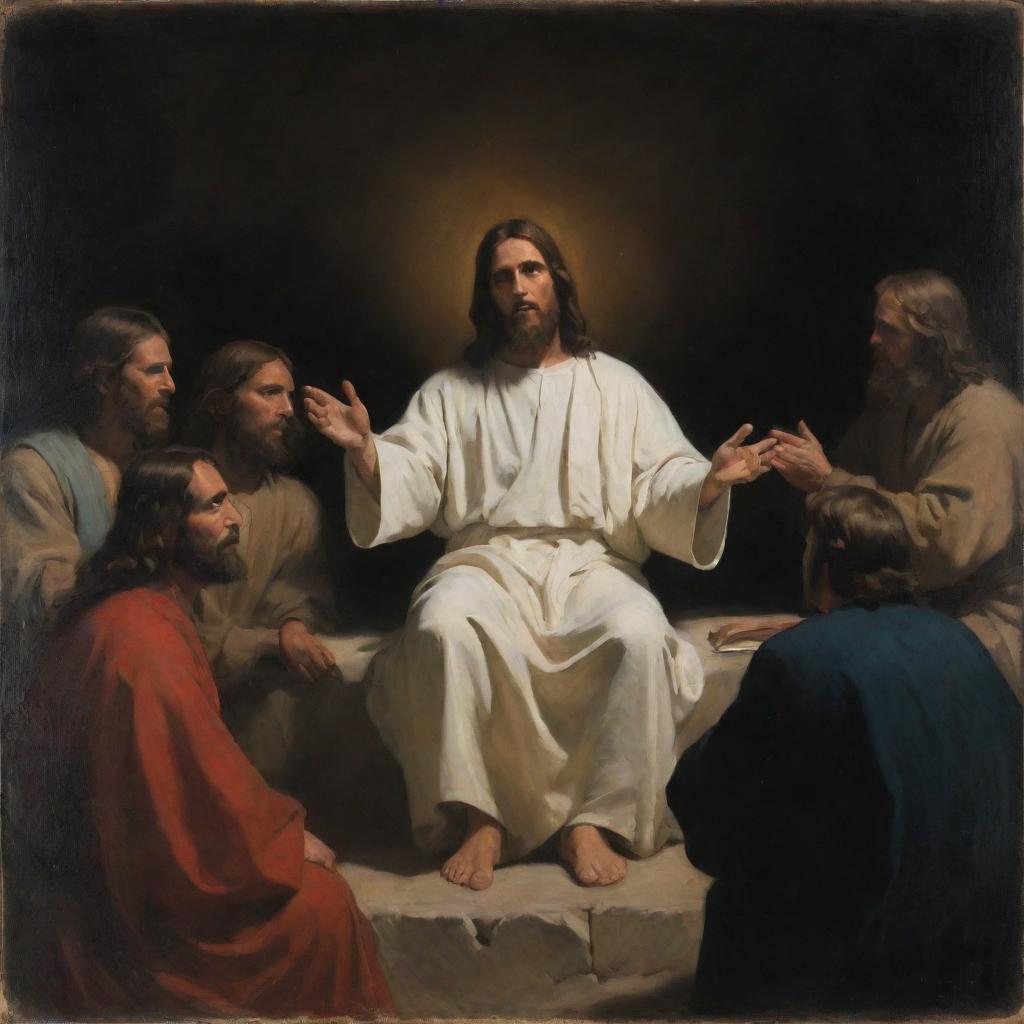 Chiaroscuro oil painting in the style of Carl Bloch, capturing Christ seated and teaching during the Sermon on the Mount