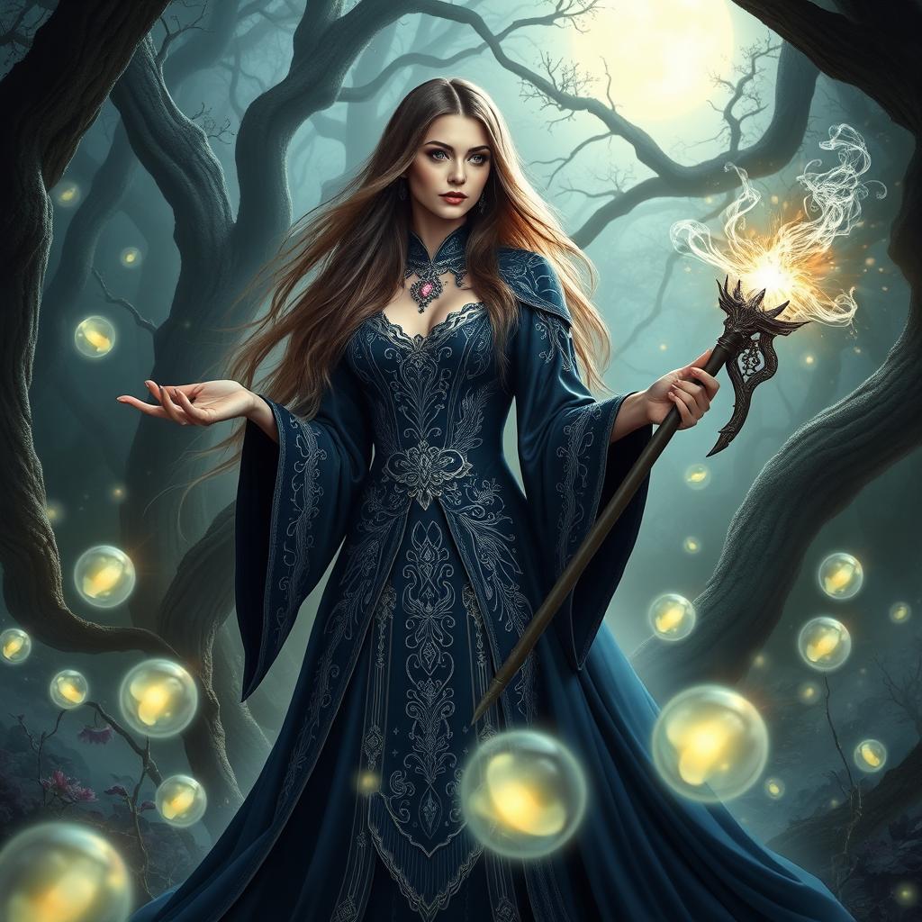 A stunning female sorceress standing in a mystical forest, surrounded by ethereal glowing orbs and enchanted flora, dressed in an elaborate, intricately designed dark blue robe with silver detailing, her long flowing hair cascading down her back, her hands raised and a magical staff in her right hand sparking with energy, the atmosphere filled with swirling mist and soft moonlight filtering through the ancient trees