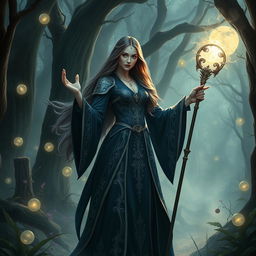 A stunning female sorceress standing in a mystical forest, surrounded by ethereal glowing orbs and enchanted flora, dressed in an elaborate, intricately designed dark blue robe with silver detailing, her long flowing hair cascading down her back, her hands raised and a magical staff in her right hand sparking with energy, the atmosphere filled with swirling mist and soft moonlight filtering through the ancient trees