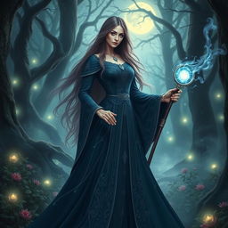 A stunning female sorceress standing in a mystical forest, surrounded by ethereal glowing orbs and enchanted flora, dressed in an elaborate, intricately designed dark blue robe with silver detailing, her long flowing hair cascading down her back, her hands raised and a magical staff in her right hand sparking with energy, the atmosphere filled with swirling mist and soft moonlight filtering through the ancient trees