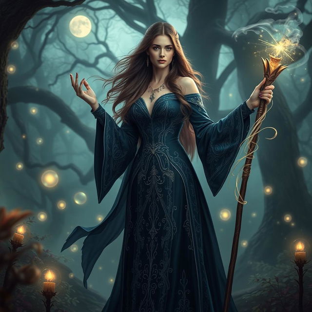 A stunning female sorceress standing in a mystical forest, surrounded by ethereal glowing orbs and enchanted flora, dressed in an elaborate, intricately designed dark blue robe with silver detailing, her long flowing hair cascading down her back, her hands raised and a magical staff in her right hand sparking with energy, the atmosphere filled with swirling mist and soft moonlight filtering through the ancient trees