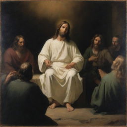 Chiaroscuro oil painting in the style of Carl Bloch, capturing Christ seated and teaching during the Sermon on the Mount