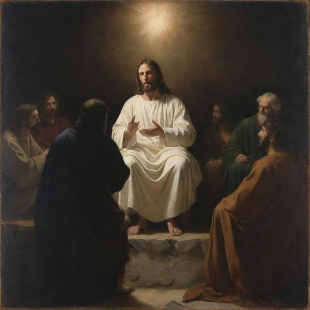 Chiaroscuro oil painting in the style of Carl Bloch, capturing Christ seated and teaching during the Sermon on the Mount