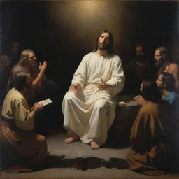 Chiaroscuro oil painting in the style of Carl Bloch, capturing Christ seated and teaching during the Sermon on the Mount