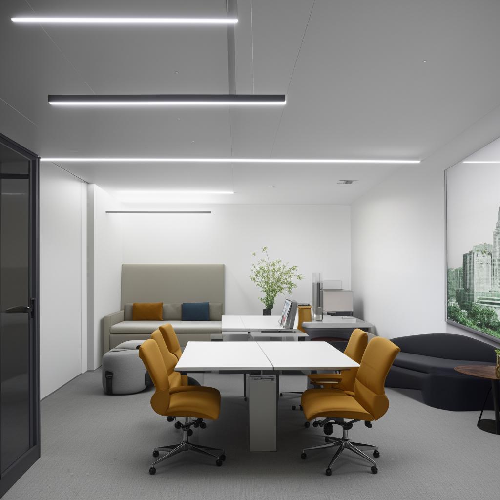 An office interior occupying a 14 by 10 feet area. The design includes a single table with two chairs on one side and three chairs on the opposite side for clients. The room also features two sofas.