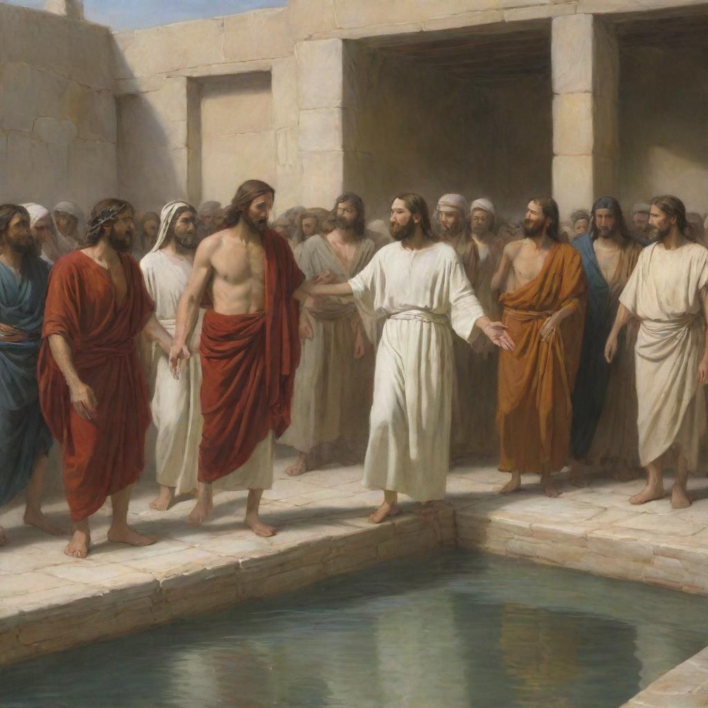 Depiction in the style of Carl Bloch of the biblical scene where Jesus Christ heals the paralytic at the pool of Siloam