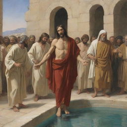 Depiction in the style of Carl Bloch of the biblical scene where Jesus Christ heals the paralytic at the pool of Siloam