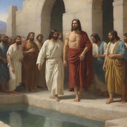 Depiction in the style of Carl Bloch of the biblical scene where Jesus Christ heals the paralytic at the pool of Siloam