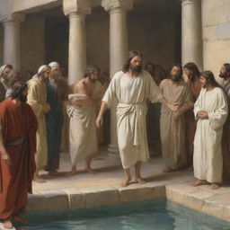 Depiction in the style of Carl Bloch of the biblical scene where Jesus Christ heals the paralytic at the pool of Siloam