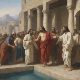 Artwork in the style of Carl Bloch, illustrating the scene of Jesus Christ healing the paralytic at the Pool of Siloam