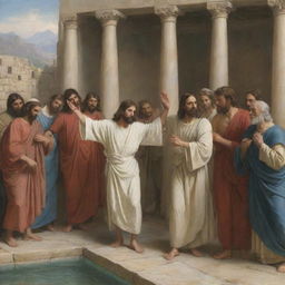 Artwork in the style of Carl Bloch, illustrating the scene of Jesus Christ healing the paralytic at the Pool of Siloam