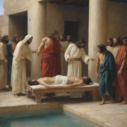 Carl Bloch style painting of the biblical scene where Jesus Christ heals a paralytic at the Pool of Siloam