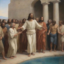 In the style of Carl Bloch, depict the moment Jesus Christ heals a paralytic at the Pool of Siloam