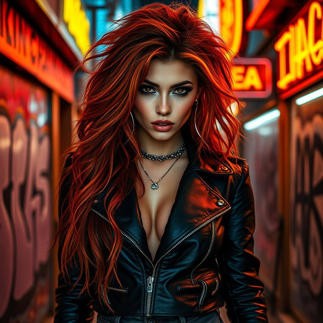 A striking portrait of Sasha Blaze, a dangerously seductive rebel with an electrifying presence