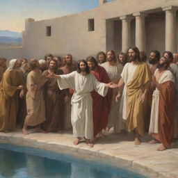 In the style of Carl Bloch, depict the moment Jesus Christ heals a paralytic at the Pool of Siloam