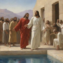 In the style of Carl Bloch, depict the moment Jesus Christ heals a paralytic at the Pool of Siloam