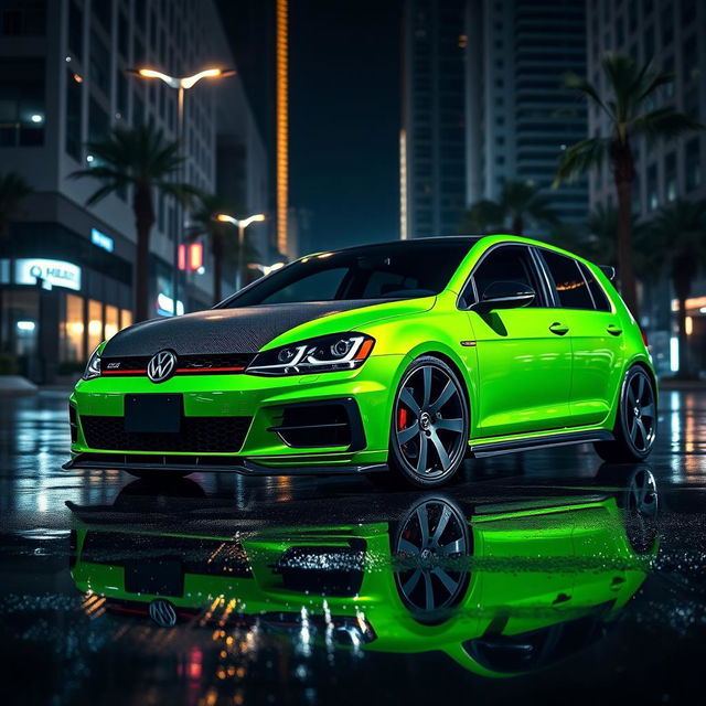 A Mk7 Volkswagen Golf GTI parked in a dark, urban environment at night, showcasing a striking green body with a sleek black carbon fiber hood