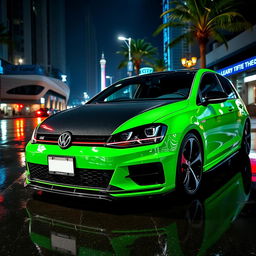 A Mk7 Volkswagen Golf GTI parked in a dark, urban environment at night, showcasing a striking green body with a sleek black carbon fiber hood