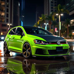 A Mk7 Volkswagen Golf GTI parked in a dark, urban environment at night, showcasing a striking green body with a sleek black carbon fiber hood