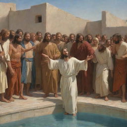 In the style of Carl Bloch, depict the moment Jesus Christ heals a paralytic at the Pool of Siloam