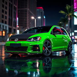 A Mk7 Volkswagen Golf GTI parked in a dark, urban environment at night, showcasing a striking green body with a sleek black carbon fiber hood