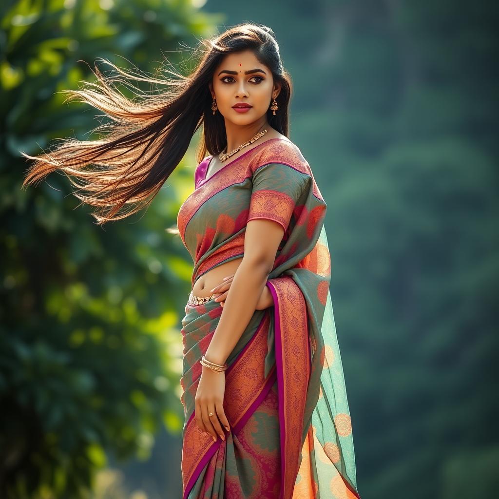 A stunning Indian woman elegantly wearing a traditional saree, showcasing a vibrant color palette with intricate patterns