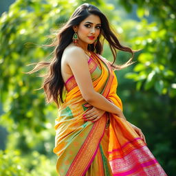 A stunning Indian woman elegantly wearing a traditional saree, showcasing a vibrant color palette with intricate patterns