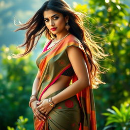 A stunning Indian woman elegantly wearing a traditional saree, showcasing a vibrant color palette with intricate patterns