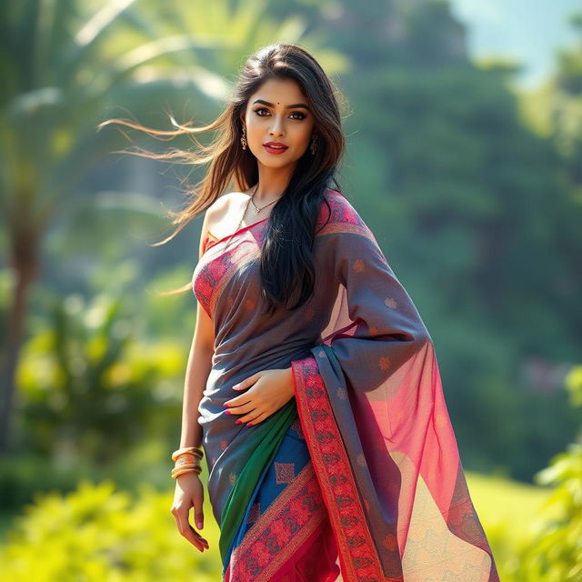 A stunning Indian woman elegantly wearing a traditional saree, showcasing a vibrant color palette with intricate patterns